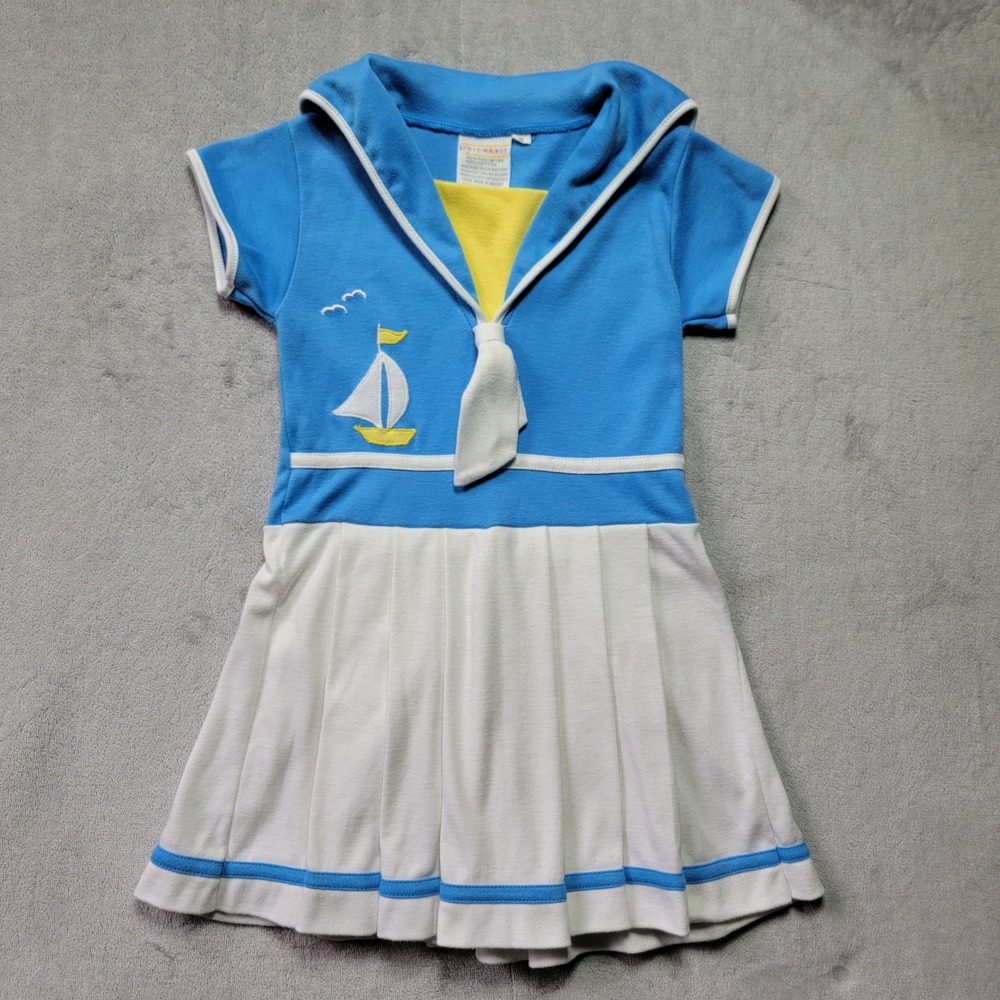 Friemanit Vintage Girls 5T Sailor Dress Blue White Sailboat Pleated Skirt
